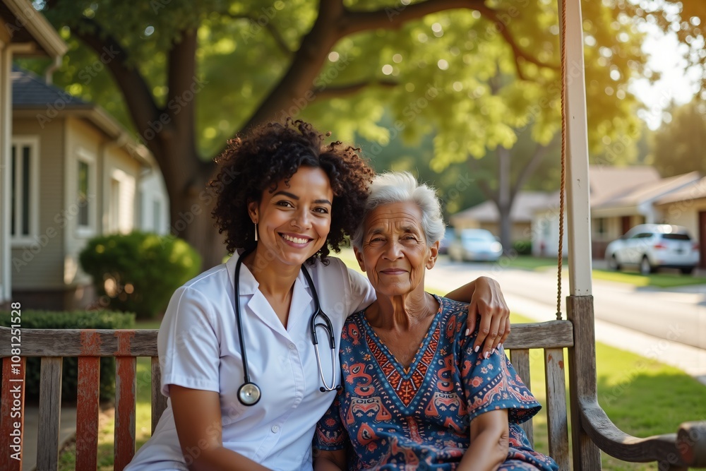 Obraz premium Nurse comforts elderly woman on festive porch swing outdoors