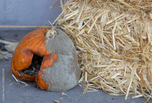 rotted and squished gray and orange pumpkin