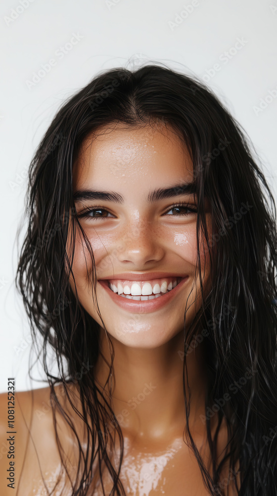 Studio portrait of smiling model with wet hair for beauty and fashion concepts Studio portrait of smiling model with wet hair for beauty and fashion concepts