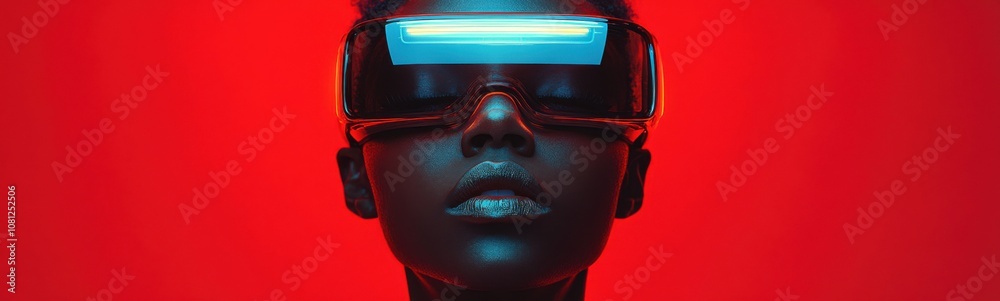 Woman wearing glasses with a glowing screen on her face, creative portrait