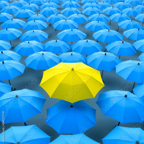 A collection of blue umbrellas with a single yellow umbrella standing out in the middle; a metaphor for uniqueness or nonconformity in a uniform group. photo