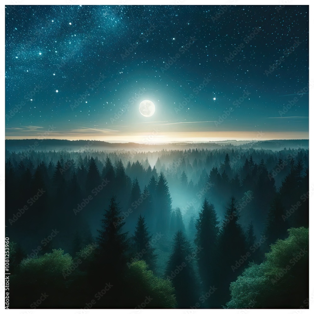 Fototapeta premium Mystical view of a moonlit forest with dense trees under a star-filled night sky, creating a serene and enchanting atmosphere with subtle mist rolling over the treetops
