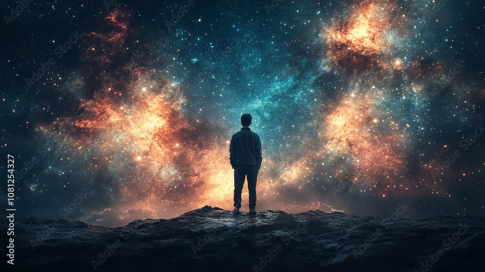 Silhouette of Person Standing on Mountain Peak Under Colorful Galaxy Night Sky, Contemplative Self-Discovery Journey Concept Silhouette of Person Standing on Mountain Peak Under Colorful Galaxy Night Sky, Contemplative Self-Discovery Journey Concept