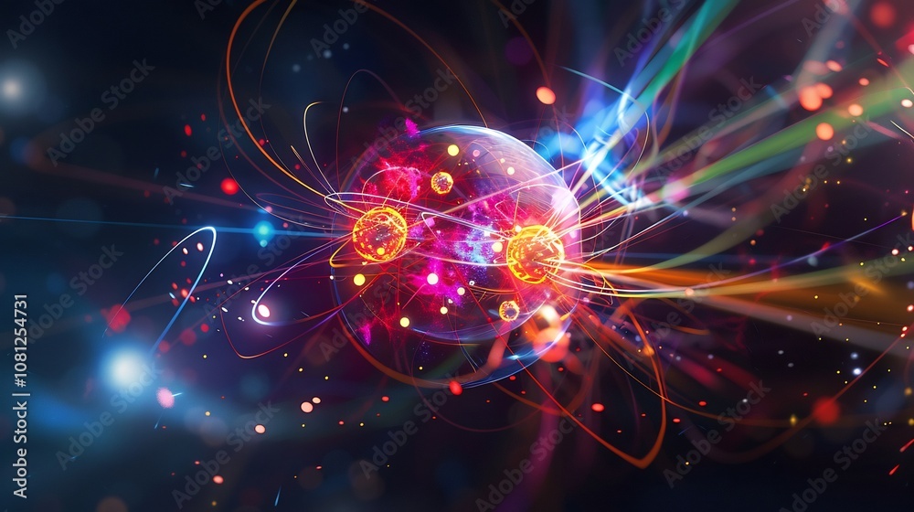 Vibrant visualization of quarks within a proton highlighting their dynamic interactions Vibrant visualization of quarks within a proton highlighting their dynamic interactions