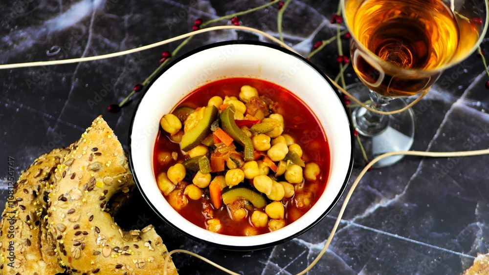 Fototapeta premium Dish with chickpeas, peppers, carrots and other vegetables with a whole grain roll and a glass of wine