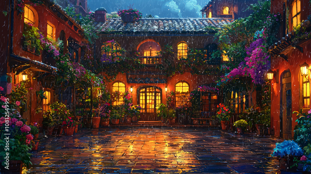A cozy courtyard with flowers and lanterns, lit by the warm glow of windows, under a light rain. A cozy courtyard with flowers and lanterns, lit by the warm glow of windows, under a light rain.