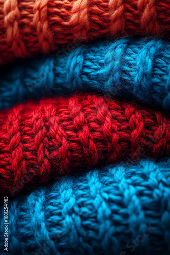 Close-up of colorful knitted fabrics in orange, red, and blue with detailed texture. Cozy and warm, ideal for themes like fashion, textiles, autumn, winter, or handmade crafts. photo