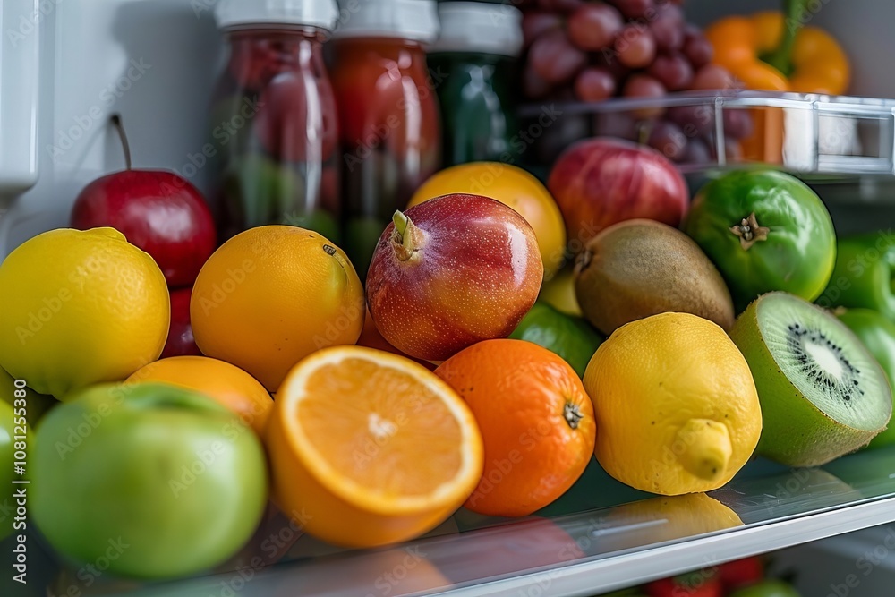 Pictures of a stocked fruit-filled open fridge Pictures of a stocked fruit-filled open fridge