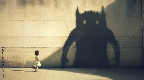 Boy standing in front of a monstrous shadow cast on the wall, symbolizing inner fears and the world of imagination photo