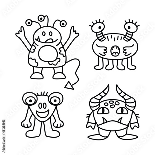 Monsters coloring page.Set of alien characters drawn with lines.Graphic objects isolated on white background.Vector designs for use in card,poster,banner template,stickers.Print on fabric and paper.