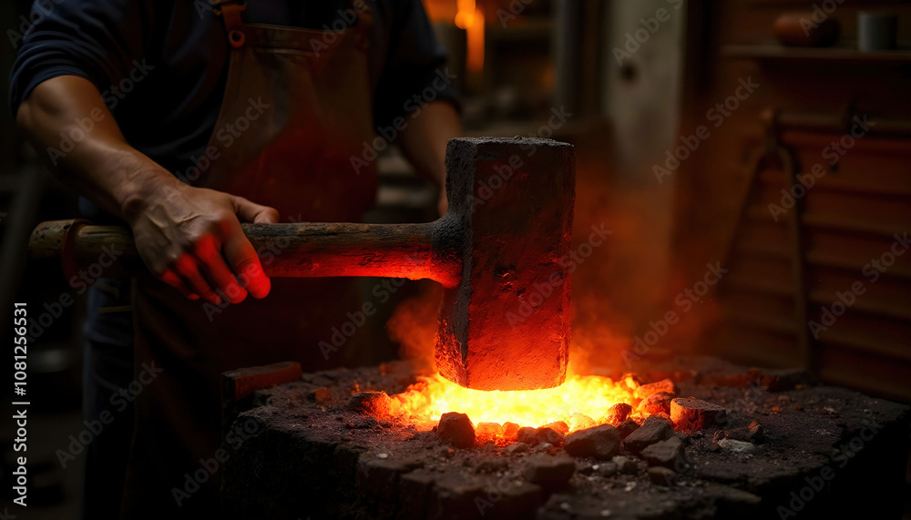 A scene in a forge where hot steel is being shaped with large hammers, showcasing traditional metalworking A scene in a forge where hot steel is being shaped with large hammers, showcasing traditional metalworking