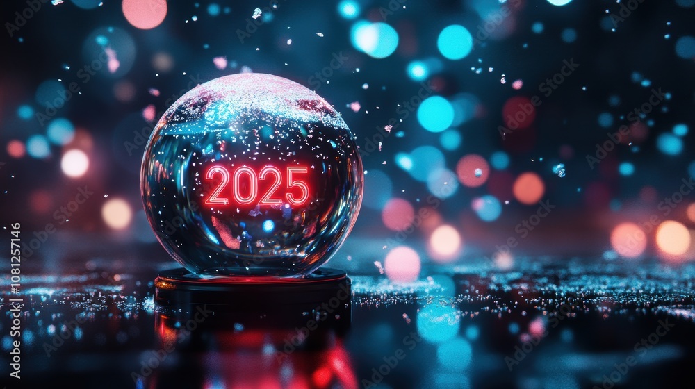 Holographic snow globe displaying '2025' in vivid neon, with gentle digital snowflakes swirling inside, set on a dark reflective surface for a futuristic holiday atmosphere. Holographic snow globe displaying '2025' in vivid neon, with gentle digital snowflakes swirling inside, set on a dark reflective surface for a futuristic holiday atmosphere.