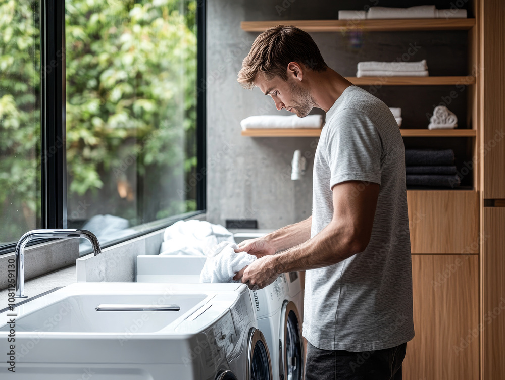 Man Loading Laundry in a Modern Minimalist Laundry Room, Domestic Lifestyle and Organization Man Loading Laundry in a Modern Minimalist Laundry Room, Domestic Lifestyle and Organization
