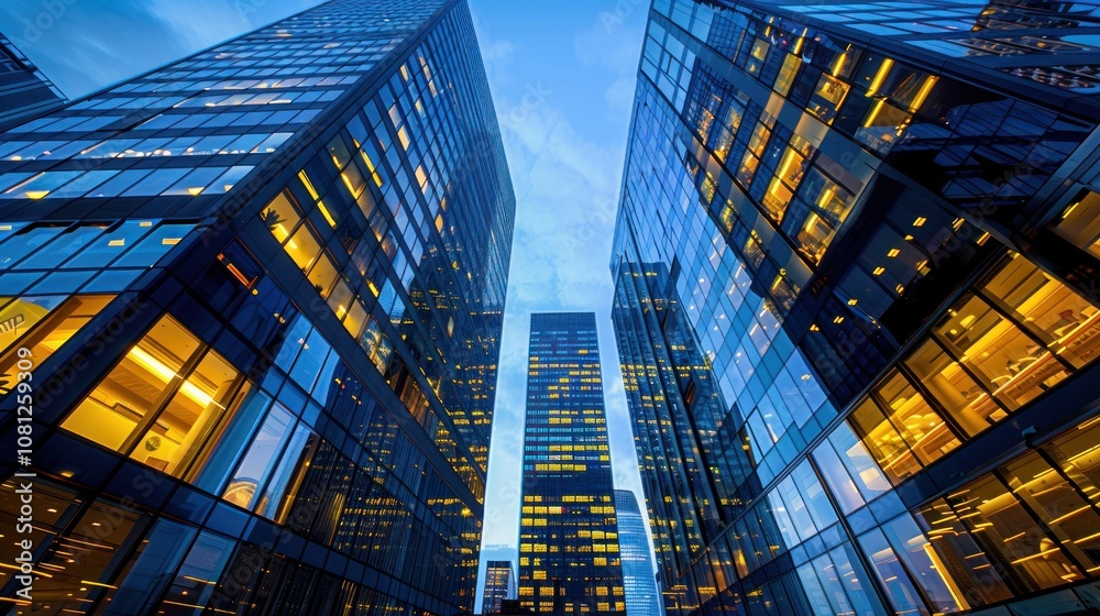 A low angle view of illuminated skyscrapers in a city at dusk, showcasing modern architecture and urban development. A low angle view of illuminated skyscrapers in a city at dusk, showcasing modern architecture and urban development.