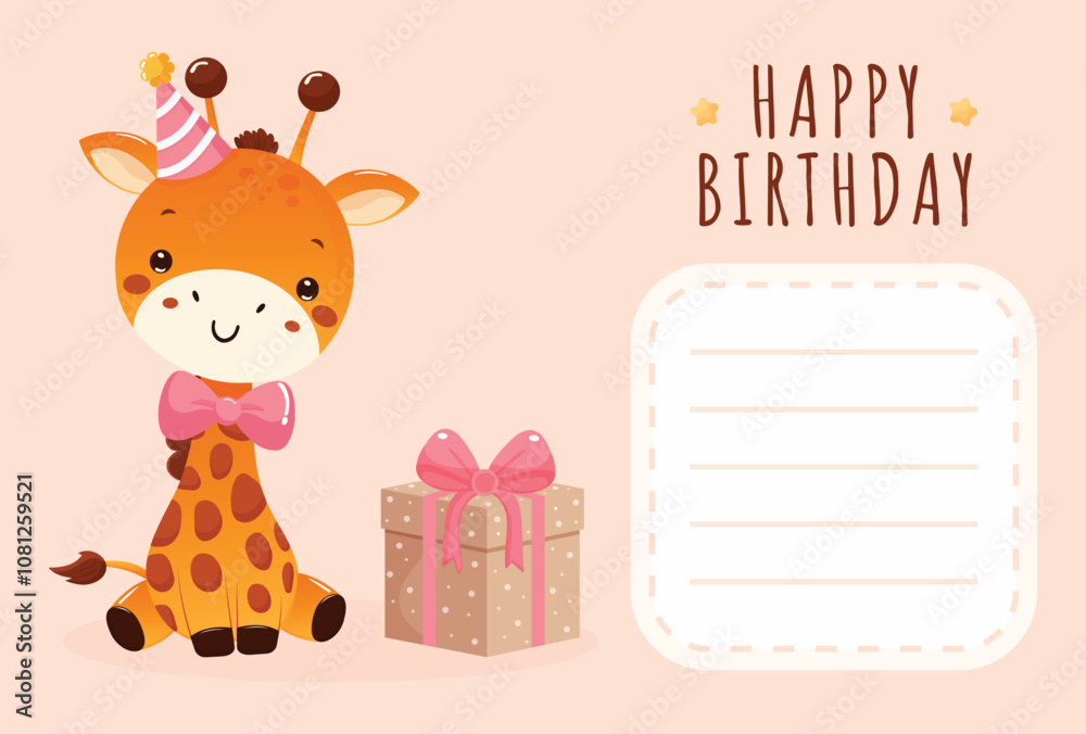 Fototapeta premium Happy Birthday postcard design with cute giraffe and copy space place for text