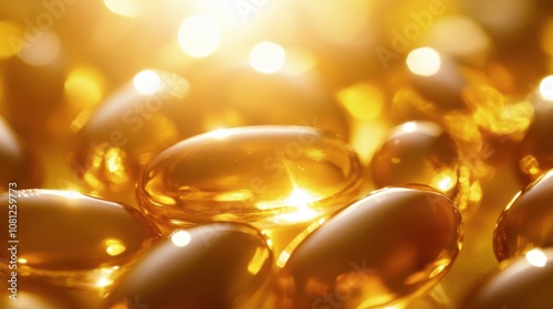 Close-up of Shiny Golden Capsules Under Warm Light