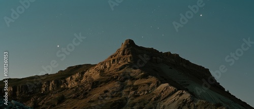 A solitary mountain peak beneath a star-speckled sky, emphasizing solitude, majesty, and the vastness of nature. photo