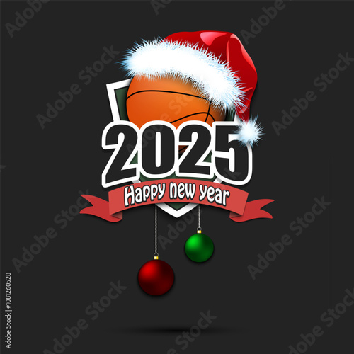 Happy new year 2025. Basketball logo template design. Basketball ball in santa hat. Design pattern for greeting card, banner, poster. Vector illustration on isolated background