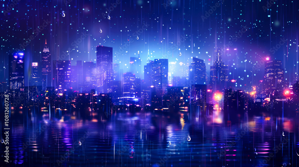 A futuristic cityscape with glowing lights reflected in the water. A futuristic cityscape with glowing lights reflected in the water.