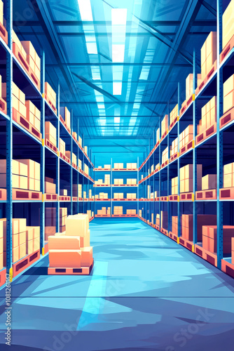 The warehouse interior showcases extensive shelving filled with organized stock, illuminated by bright overhead lighting. It's an ideal storage environment for various goods photo