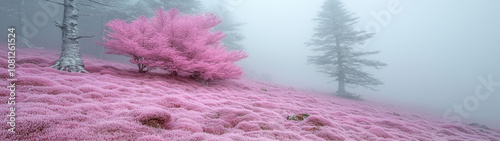 Deep within the misty, ancient forest, towering trees stretch into the fog, their shadows softened by a mysterious pink that breaks through the dense, dark mist, creating an otherworldly atmosphere photo