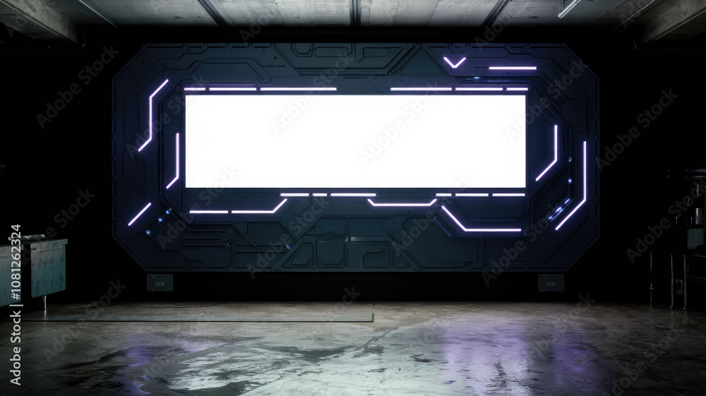 A large, empty room with a white sign on the wall. The sign is surrounded by neon lights, giving the room a futuristic and industrial feel. The emptiness of the room A large, empty room with a white sign on the wall. The sign is surrounded by neon lights, giving the room a futuristic and industrial feel. The emptiness of the room