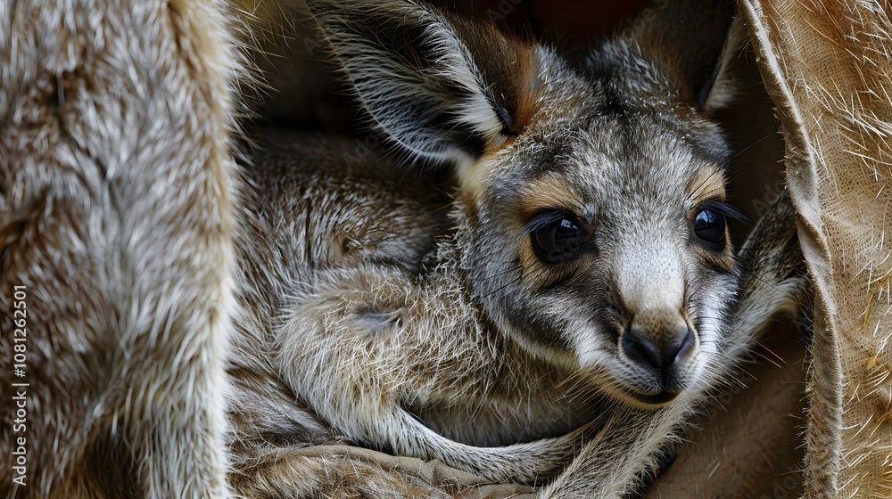 Joey peeking out of his mother's kangaroo pouch Joey peeking out of his mother's kangaroo pouch