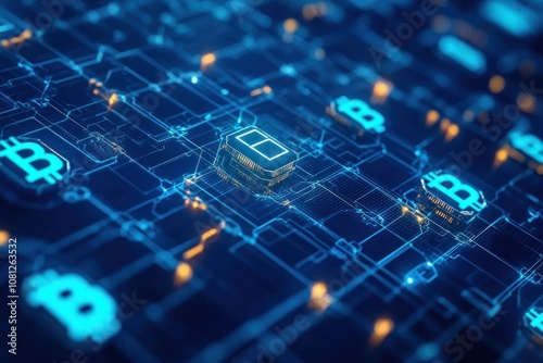 A computer chip sits in the middle of a circuit board with glowing Bitcoin symbols scattered across it.