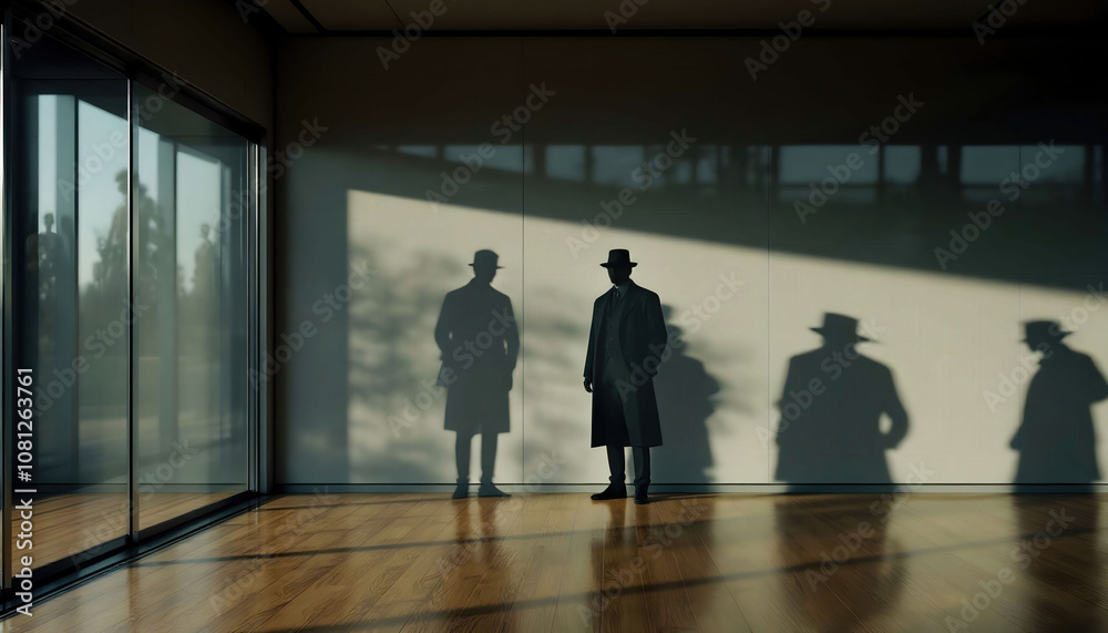 Fototapeta premium A modern scene with people in everyday settings, their shadows transforming into reflections of historical figures, blending the past and present.
