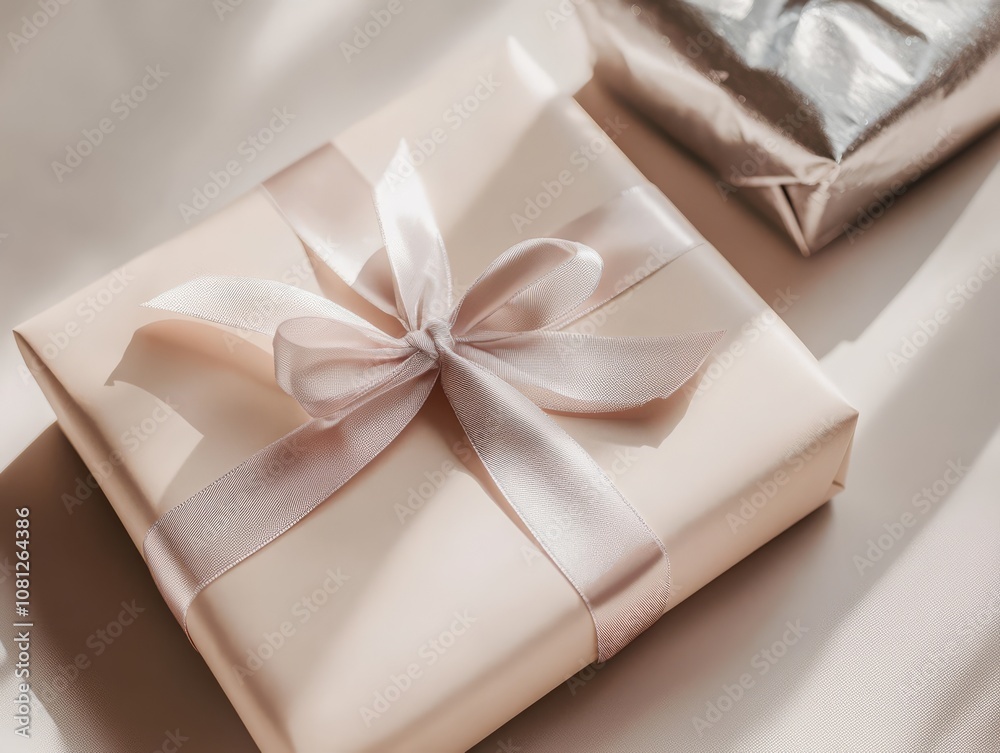 Gift Wrapped in Sunlight: A luxurious beige gift box, adorned with a delicate white satin ribbon, catches the soft glow of sunlight streaming through a window. Gift Wrapped in Sunlight: A luxurious beige gift box, adorned with a delicate white satin ribbon, catches the soft glow of sunlight streaming through a window.