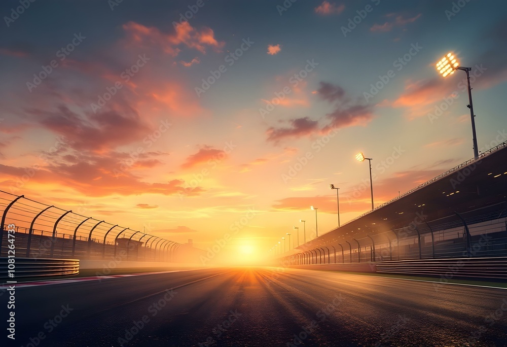 Golden Hour Race Track Scene with Dramatic Lighting and Smoke Effects Golden Hour Race Track Scene with Dramatic Lighting and Smoke Effects
