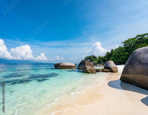 The Pristine White Sand Beaches of Belitung Island, Indonesia, Framed by Granite Boulders and Shallow Clear Waters, Perfect for Relaxation and Photography in This Secluded Tropical Paradise photo