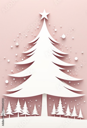 Ein stilisierter weißer Weihnachtsbaum mit Stern, umgeben von kleineren Bäumen und Schneeflocken, auf einem sanften rosa Hintergrund. Modern und elegant. Generative KI