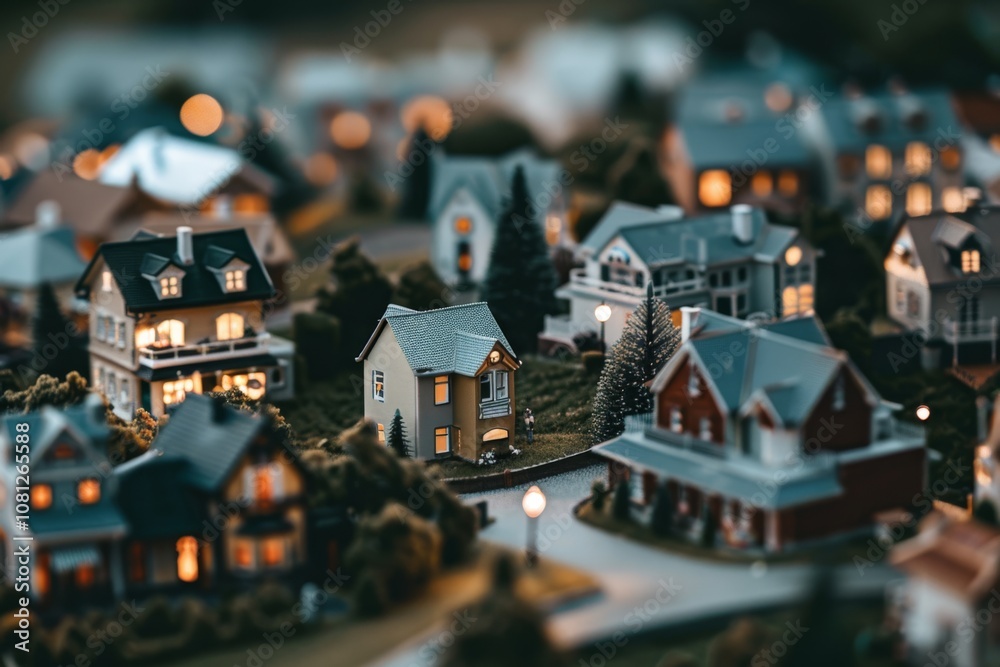 Obraz premium A charming miniature village scene lit warmly, resembling a nostalgic depiction of a cozy holiday evening in a small town.