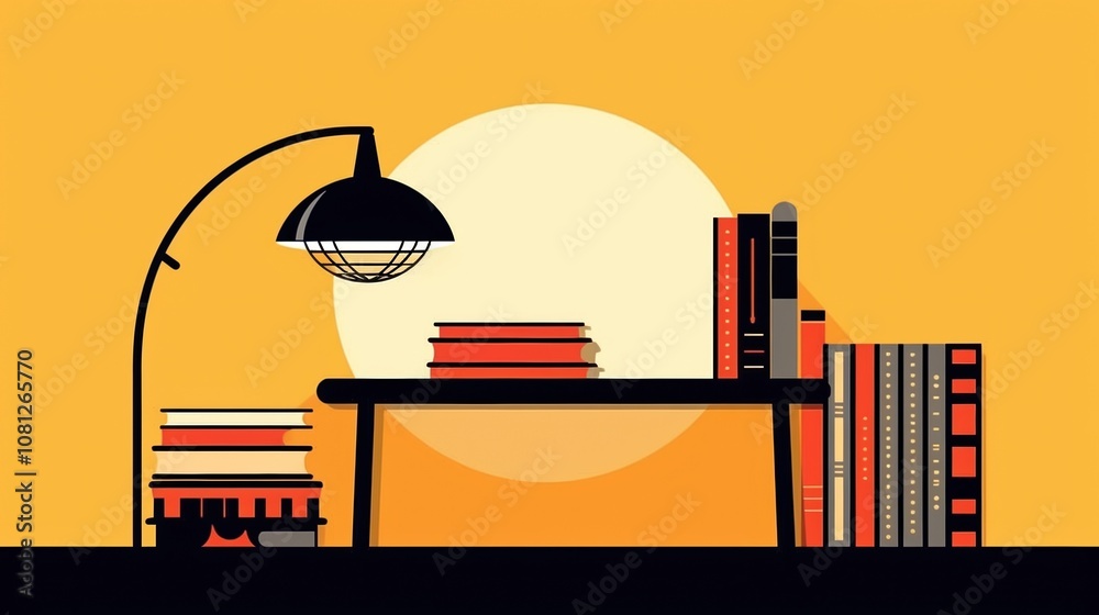 A simple illustration of a bookshelf with a lamp and books. A simple illustration of a bookshelf with a lamp and books.