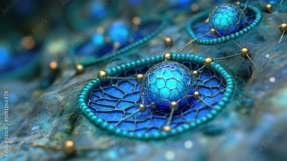 Fototapeta premium Abstract blue and gold molecular network, showcasing a futuristic design with intricate details.