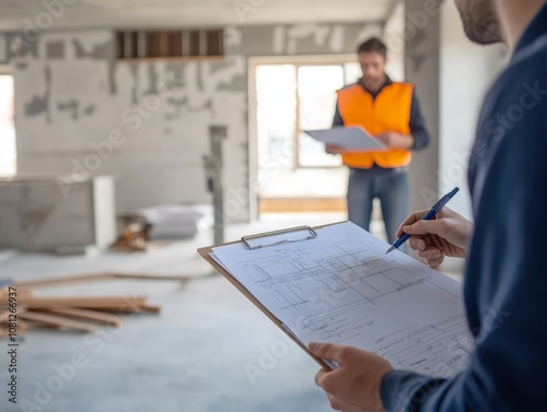 At a construction site, a young male contractor holds a clipboard, taking notes on engineering plans, while another contractor in an orange vest reviews documents, ensuring project accuracy