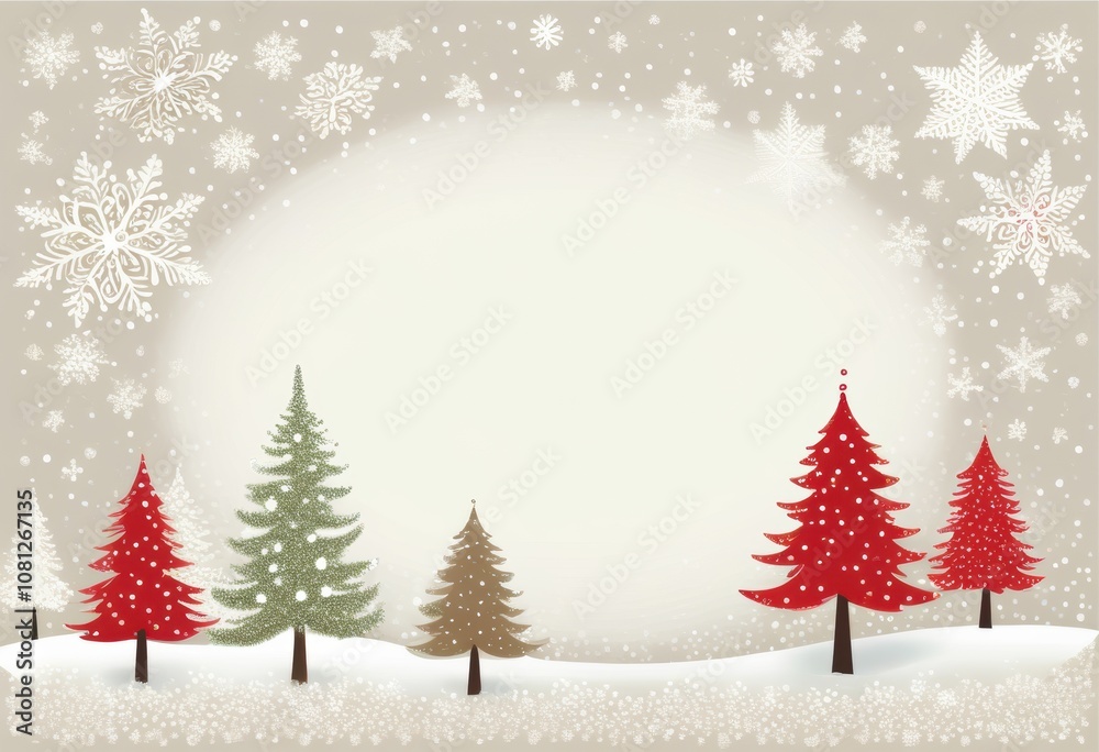 Fototapeta premium Eine festliche Weihnachtskarte mit bunter Winterlandschaft, Weihnachtsbäumen und Schneeflocken, großzügigem Textfreiraum in der Mitte für persönliche Grüße. Fröhlich und einladend. Generative KI.