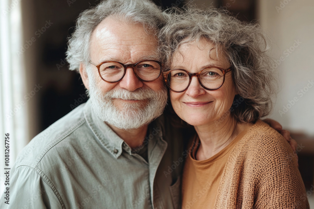 An elderly couple, both wearing glasses, share a warm embrace, their expressions radiating love and happiness, framed by the softly lit background of their home. An elderly couple, both wearing glasses, share a warm embrace, their expressions radiating love and happiness, framed by the softly lit background of their home.