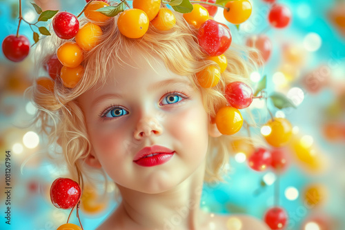 A little girl with a bunch of cherries on her head photo