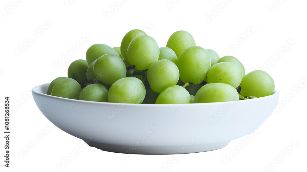 White bowl of green grapes on a transparent background. isolated background. White bowl of green grapes on a transparent background. isolated background.