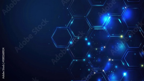 Futuristic Hexagonal Pattern with Blue Lights and Sparkles on a Dark Background for Technology, Science, and Innovation Concepts