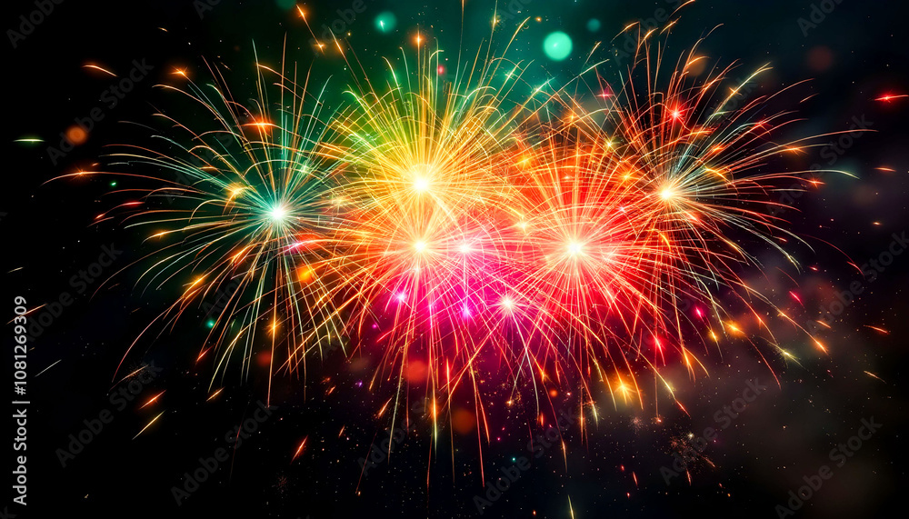 Fototapeta premium Fireworks explode in vibrant, unusual colors like greens, turquoises, and purples, creating a spectacular display of unexpected hues against the night sky.