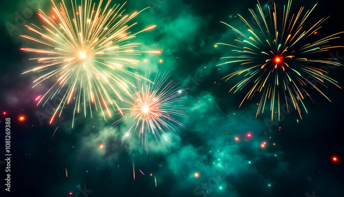 Fireworks explode in vibrant, unusual colors like greens, turquoises, and purples, creating a spectacular display of unexpected hues against the night sky.