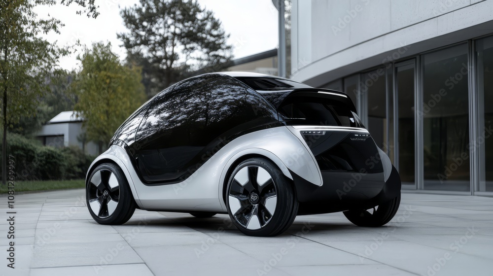 Rear view of a futuristic, compact electric car parked outdoors near a modern building. The design is clean and minimalist. Rear view of a futuristic, compact electric car parked outdoors near a modern building. The design is clean and minimalist.