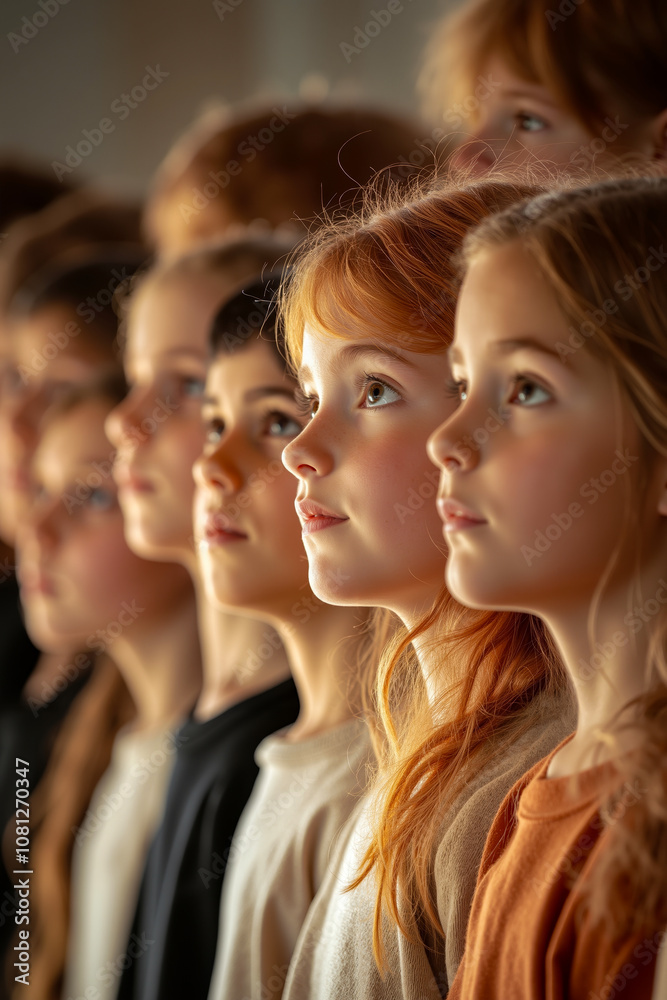 A group of young children standing in a row looking up at the sky