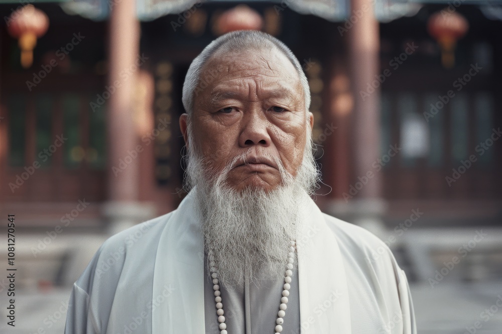 An elderly man with a dignified expression stands in traditional attire, his long beard and solemn gaze evoking wisdom and tranquility. An elderly man with a dignified expression stands in traditional attire, his long beard and solemn gaze evoking wisdom and tranquility.