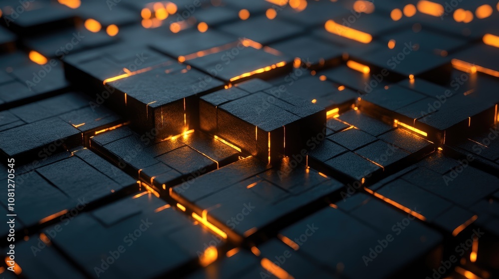 Fototapeta premium Abstract digital landscape featuring glowing elements between dark geometric blocks, creating an intriguing and futuristic visual texture for technology and design projects