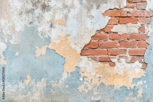 Old, rustic brick wall with patches of blue and beige peeling paint, showing exposed bricks and decay in an atmospheric representation of urban history. photo