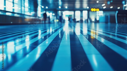 Blue, blurred background of the airport floor with an escalator in focus.